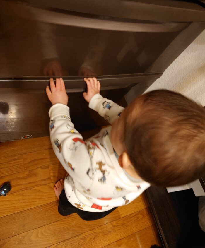 冷蔵庫を開けようとする１歳５ヶ月のこども